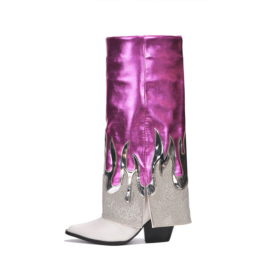White & Hot Pink Metallic Rhinestone Flame Fold Over Cowgirl Boots