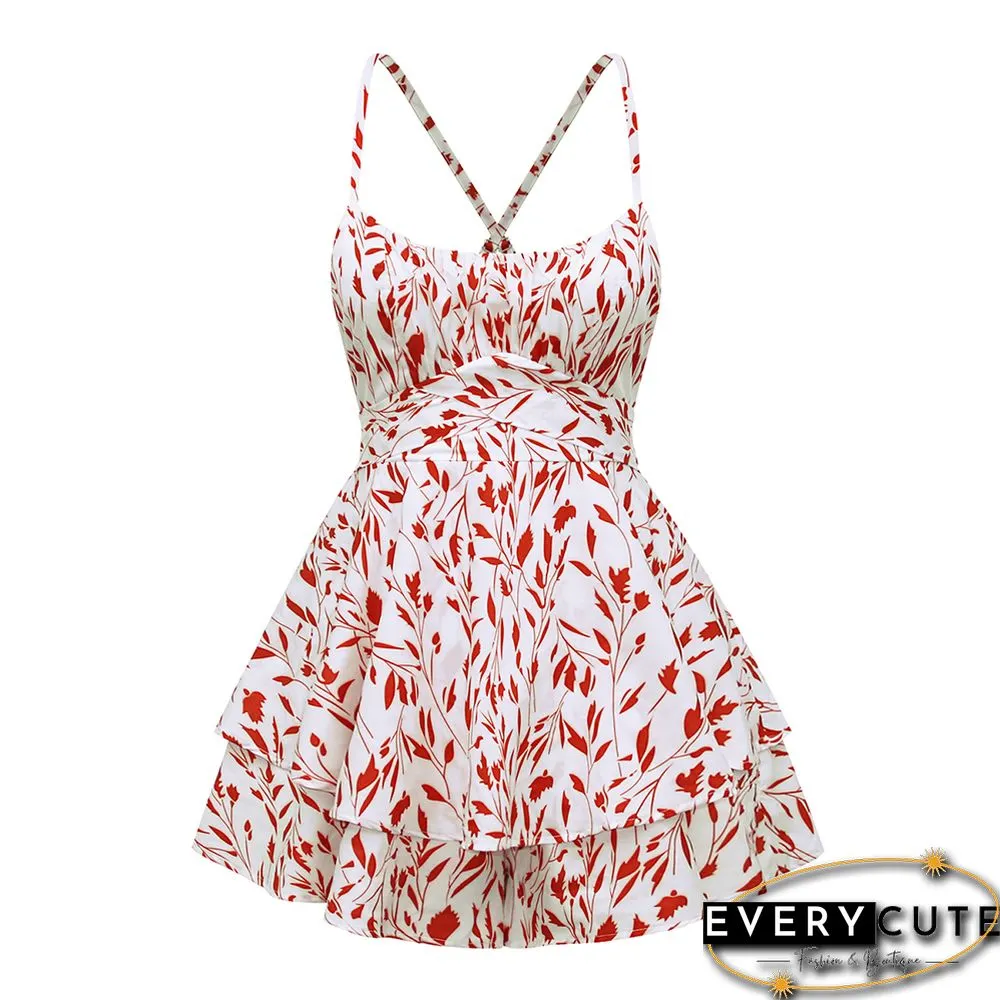 Red Spaghetti Strap Floral Print Ruffle Romper