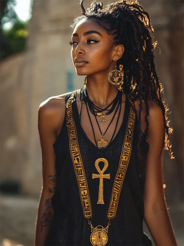 Ankh Ancient Egyptian Golden Embroidered Linen Tank Top