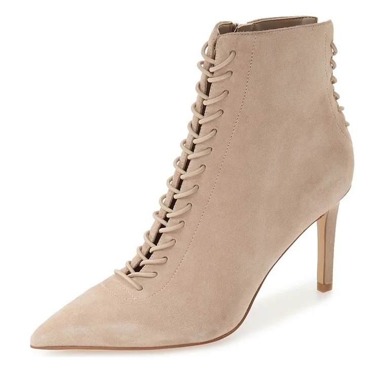Beige Lace Up Boots Pointy Toe Stiletto Heel Ankle Boots |FSJ Shoes