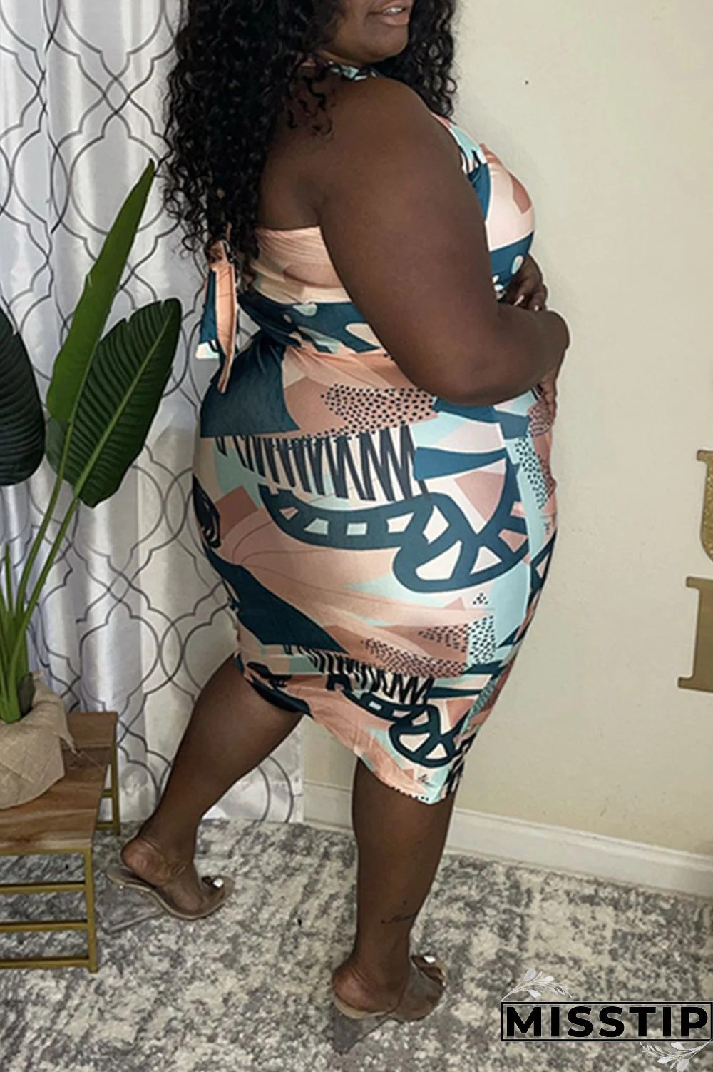 Blue Fashion Sexy Print Backless Halter Plus Size Two Pieces