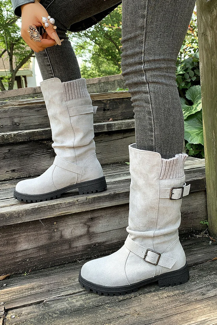 Retro Solid Color Round Toe Thick Heel Belt Buckle Suede Boots 2024 - Xpluswear