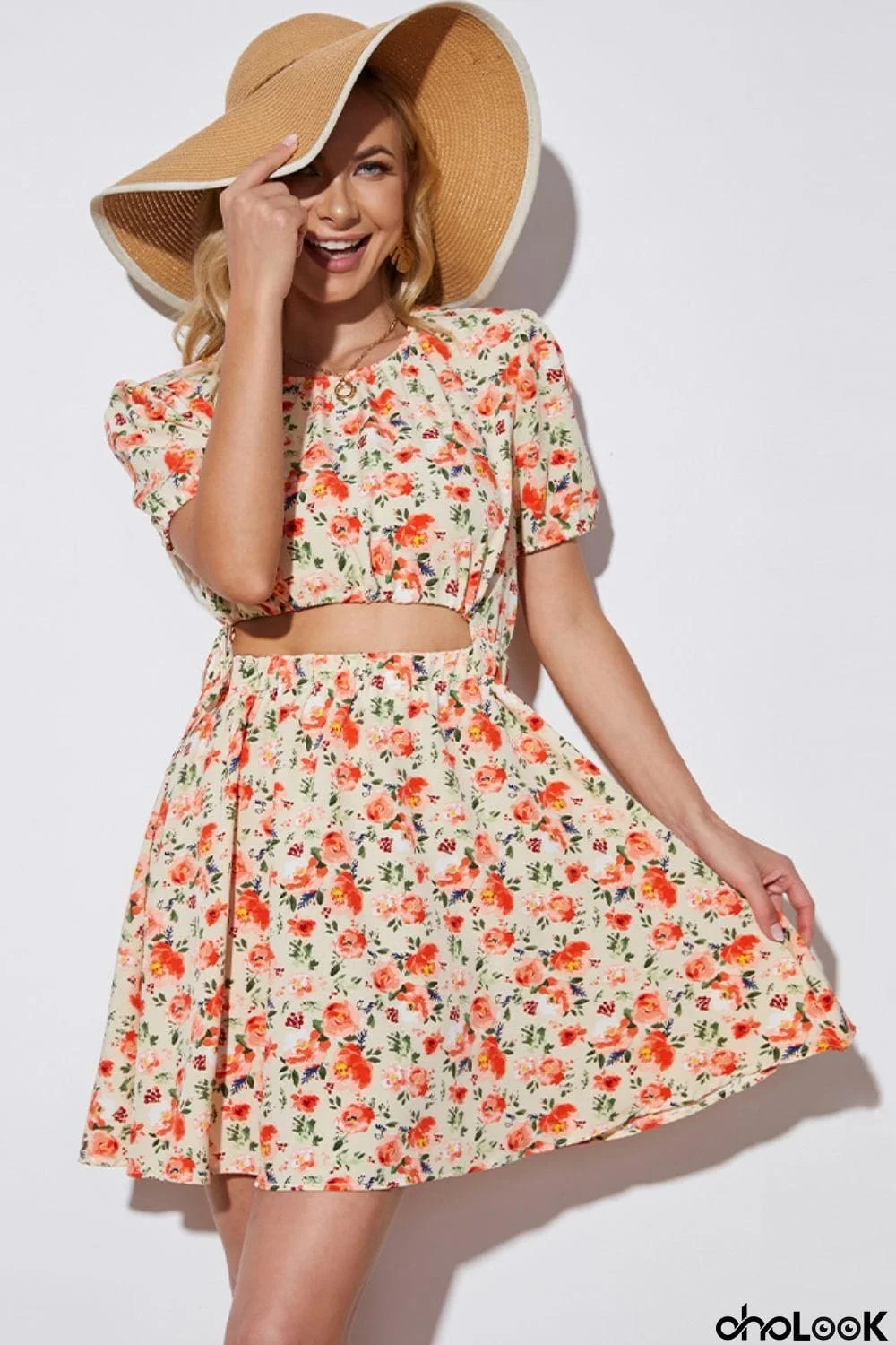 Floral Cutout Short Puff Sleeve Dress