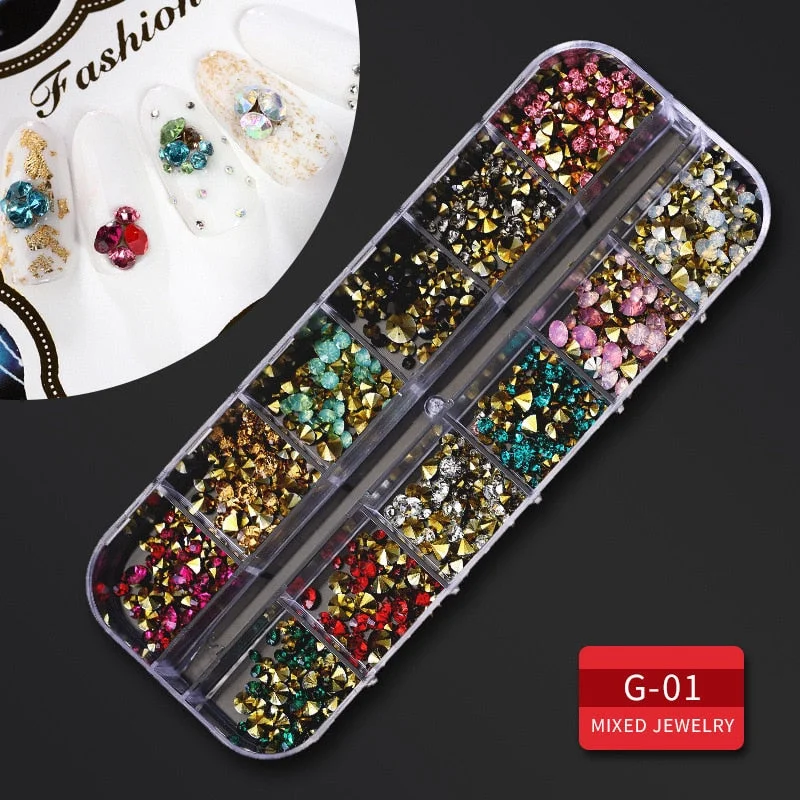 Multi-size Nail Rhinestones 3D Crystal AB Clear Nail Stones Gems Pearl DIY Nail Art Decorations Gold Silver Rivet Rhinestone