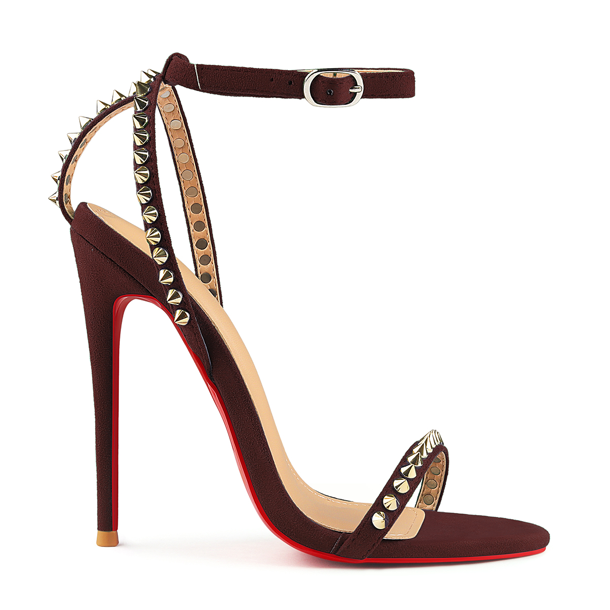 120mm Women's Sandals Stiletto Red Bottom High Heels Open Toe Ankle Strap Rivet Studs Shoes-MERUMOTE