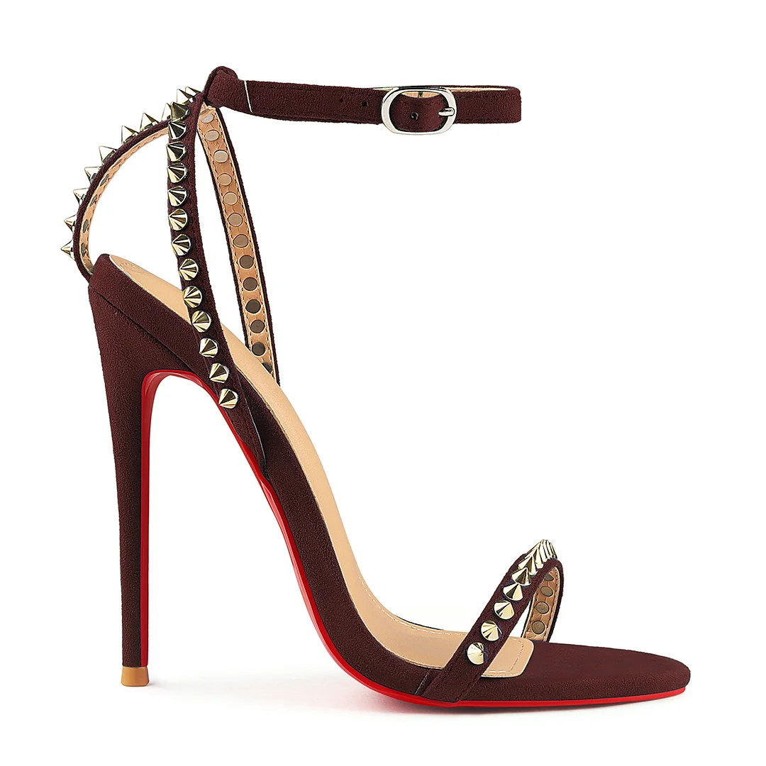 120mm Women's Sandals Stiletto Red Bottom High Heels Open Toe Ankle Strap Rivet Studs Shoes-MERUMOTE