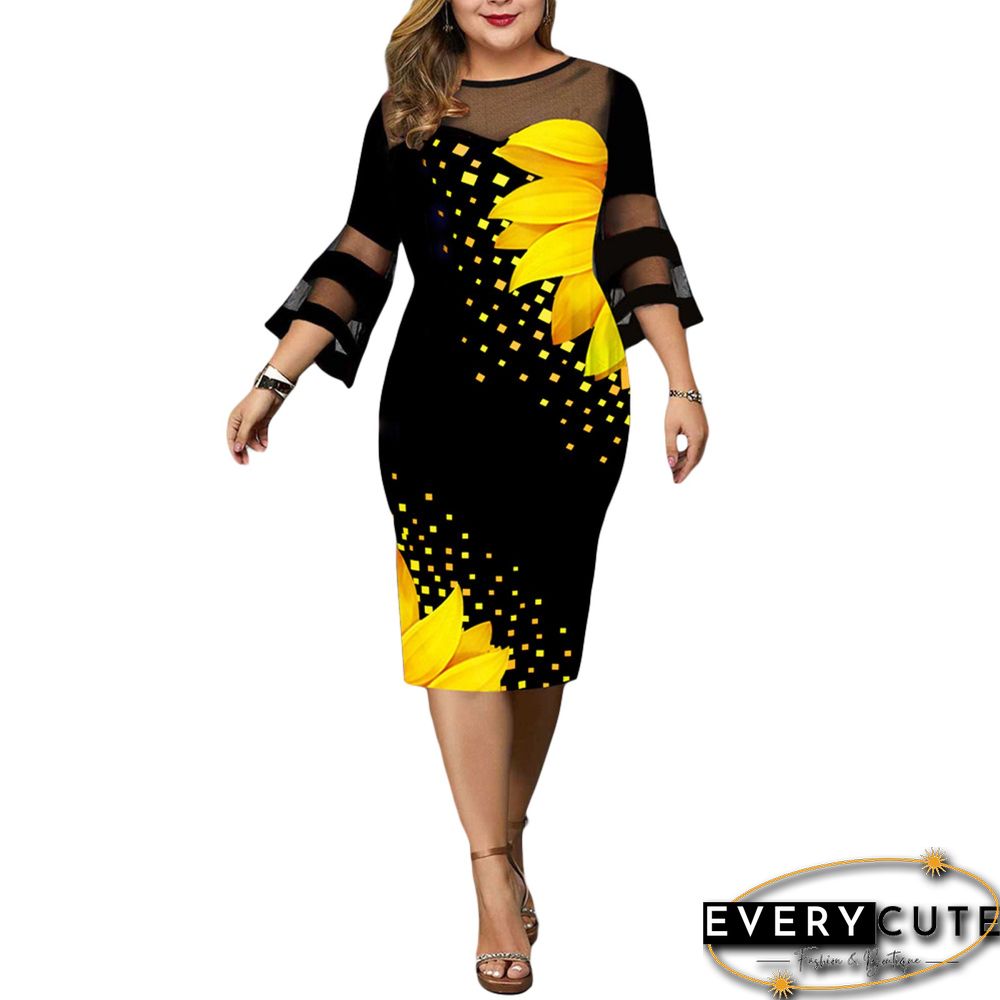 Women Dress Elegant Knee-length O Neck 3/4 Sleeve Floral Print Mesh Patchwork Bodycon DressFor Party Wedding Black 4xlVestidos