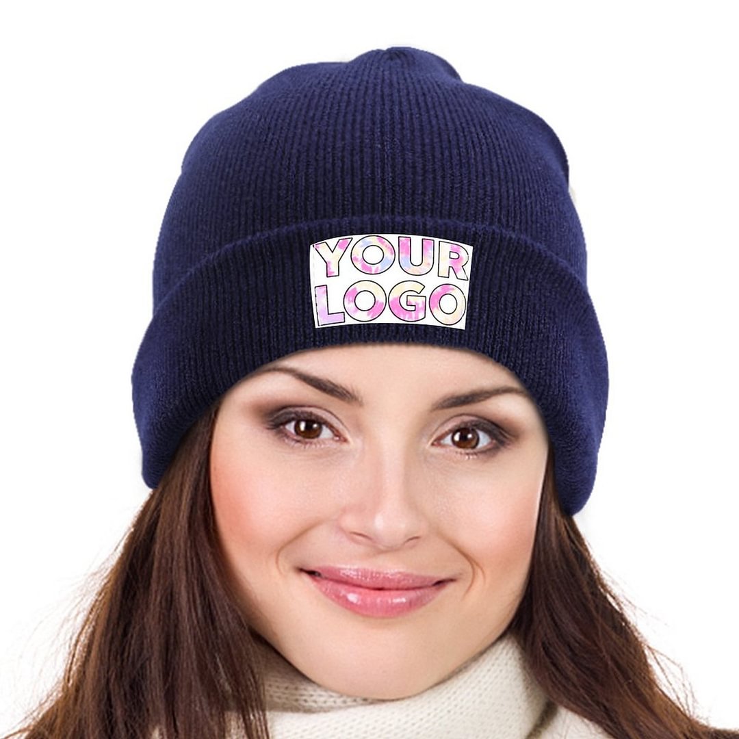 Custom Logo Winter Hats Personalized Acrylic Knit Cuff Beanie Cap Warm Daily Beanie Hat For Men and Women