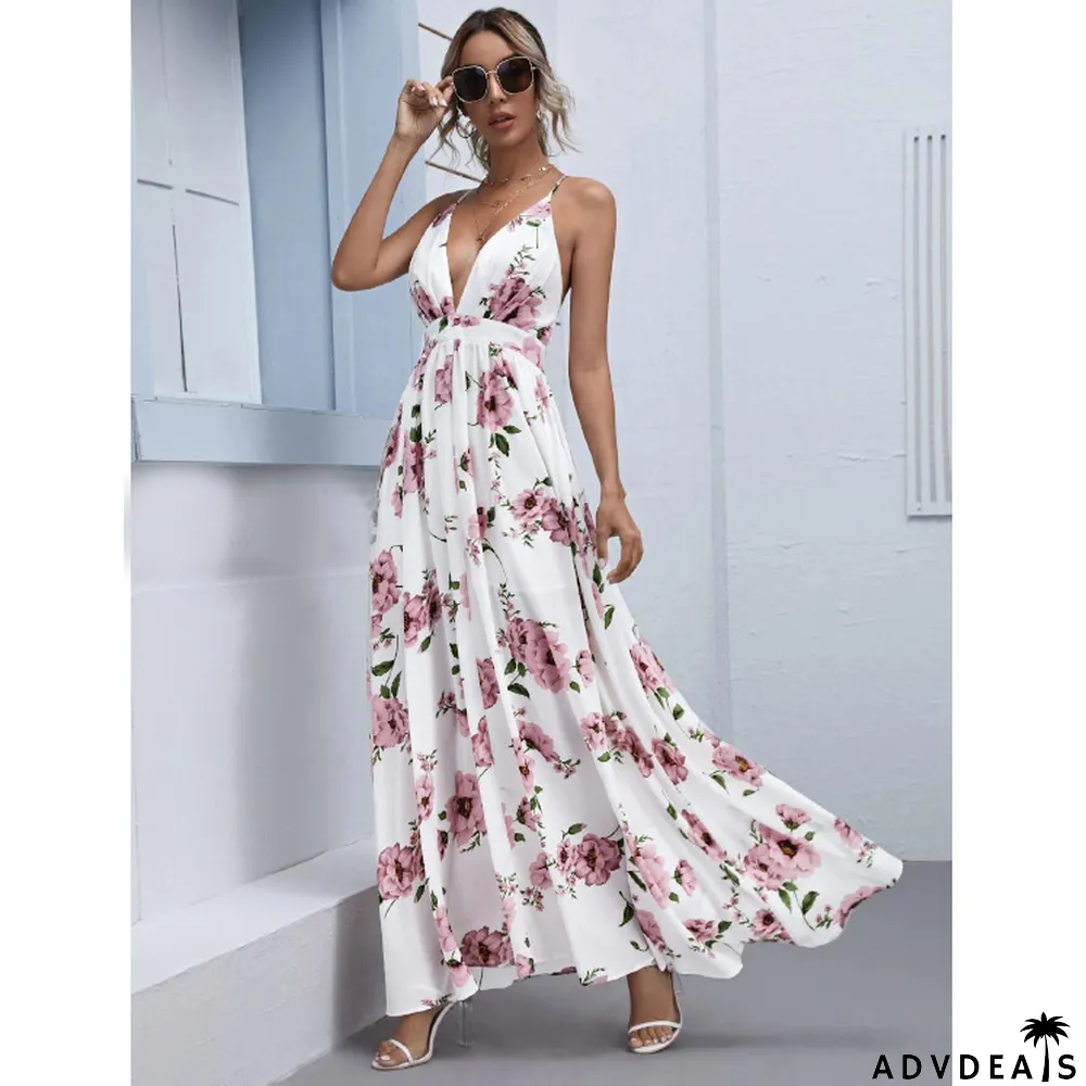 Women's Chiffon Loose Print Sling Sexy Wedding Guest Dress