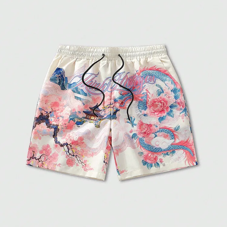 Japanese-style Cherry Blossom And Dragon Pattern Mesh Athletic Shorts