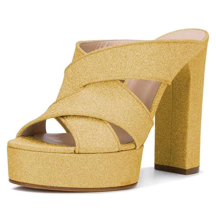 Yellow Glitter Platform Chunky Heel Mule Heels |FSJ Shoes