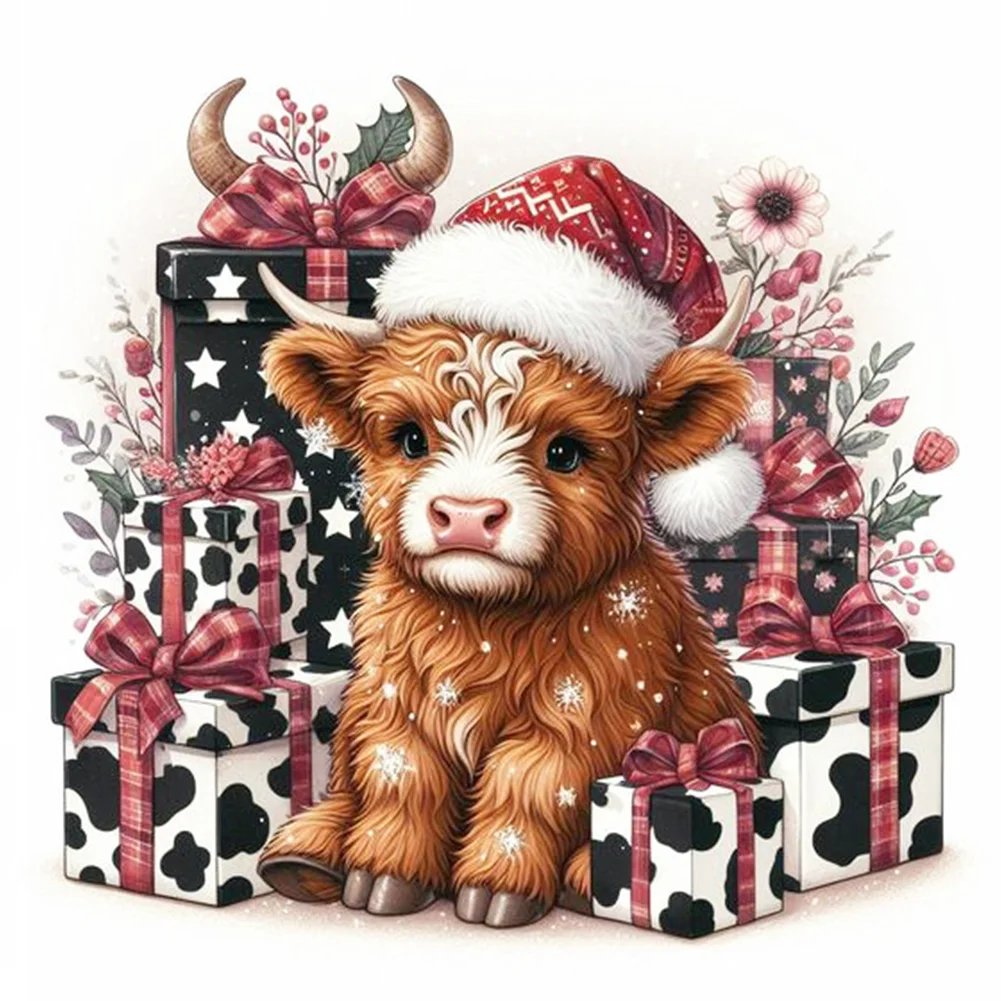 Full Round Diamond Painting - Cow Xmas(Canvas|30*30cm)