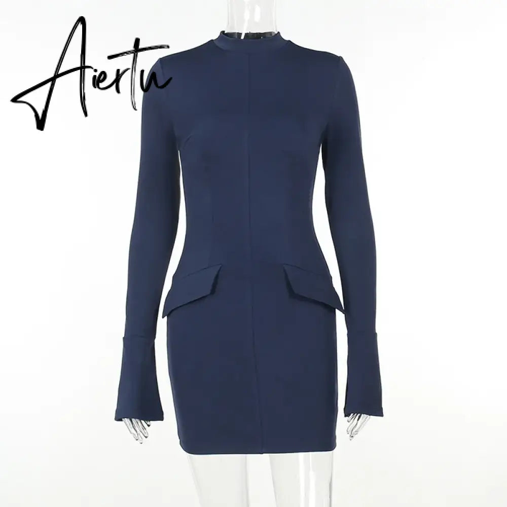 Women Elegant Dark Blue Commuting Mini Dress  Autumn Sexy Pocket Long Sleeve Bodycon Dresses Lady Chic Party Club Robe Aiertu