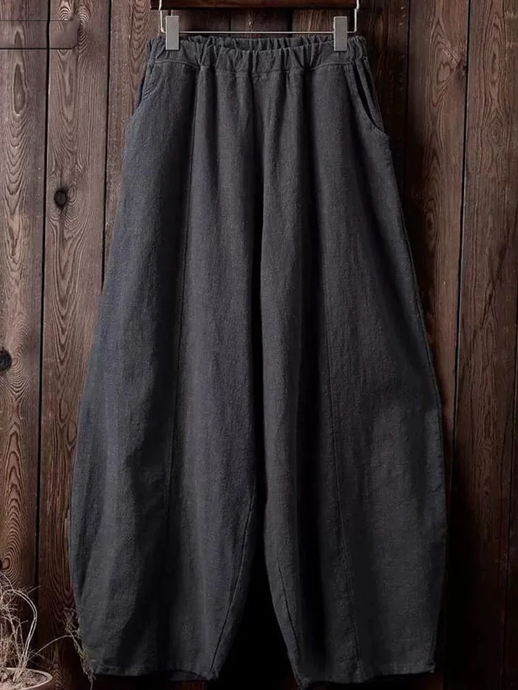 Back to school  Vintage Harajuku Cotton Linen Bloomers Wide Leg Pants Elegant Solid Loose Trouser Casual Streetwear Elasitic Waist Oversize Pant