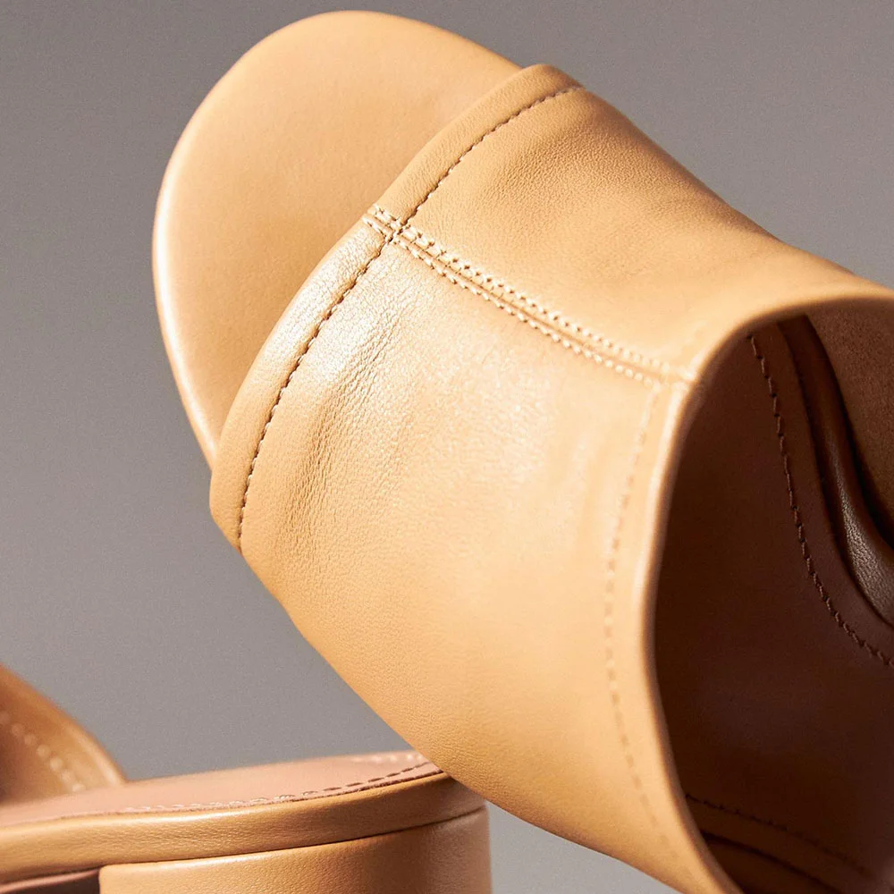 Tan Vegan Leather Chunky Heel Open-Toe Slide Shoes for Women