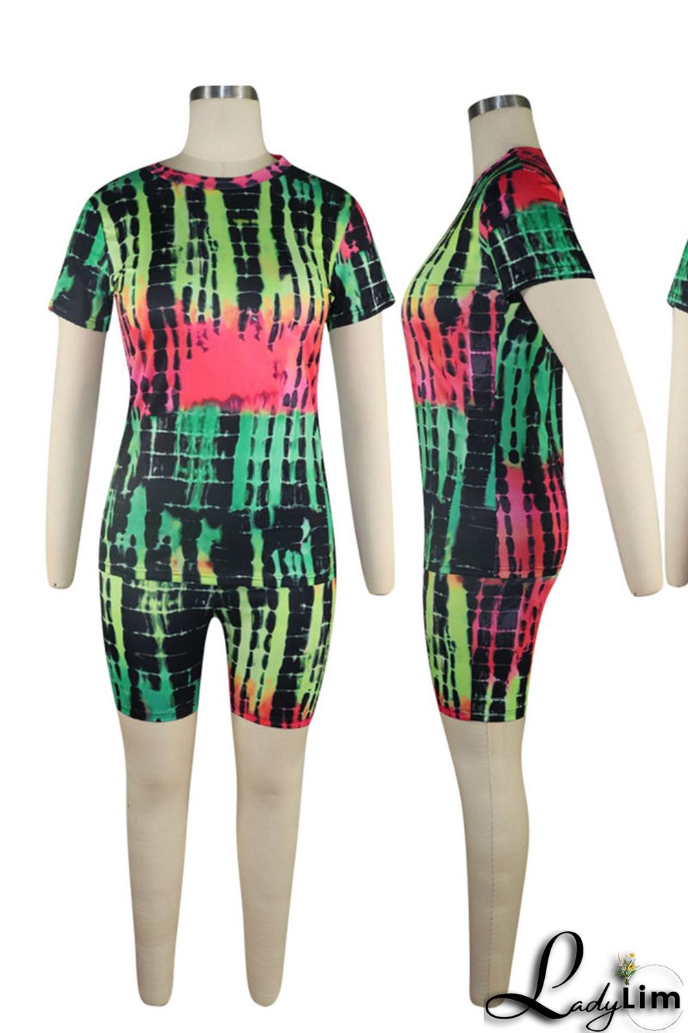 Green Casual Print Split Joint O Neck Short Sleeve Two Pieces
