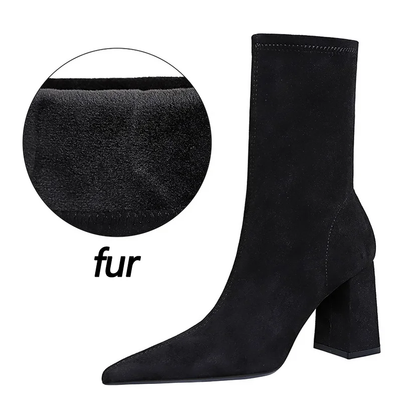 Abebey Shoes High Heel Boots Suede Women Ankle Boots Pointed Toe Socks Boots Thick Heel Women Shoes Warm Winter Boots Size 43