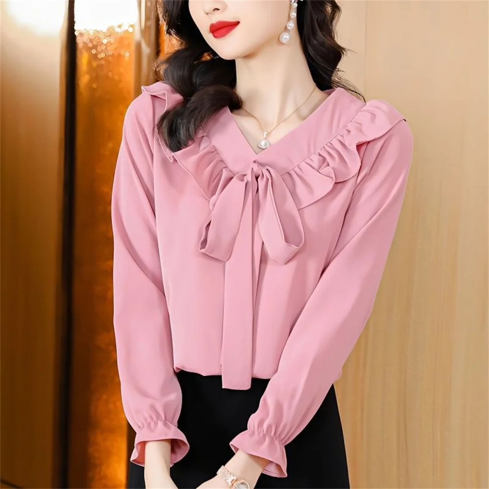 Ballifyex New Spring Korean Style Fashion Ruffled Blouse Pink Solid Chiffon Tops 2025 Elegant Bow Women Oversized Long Sleeve V Neck Shirt