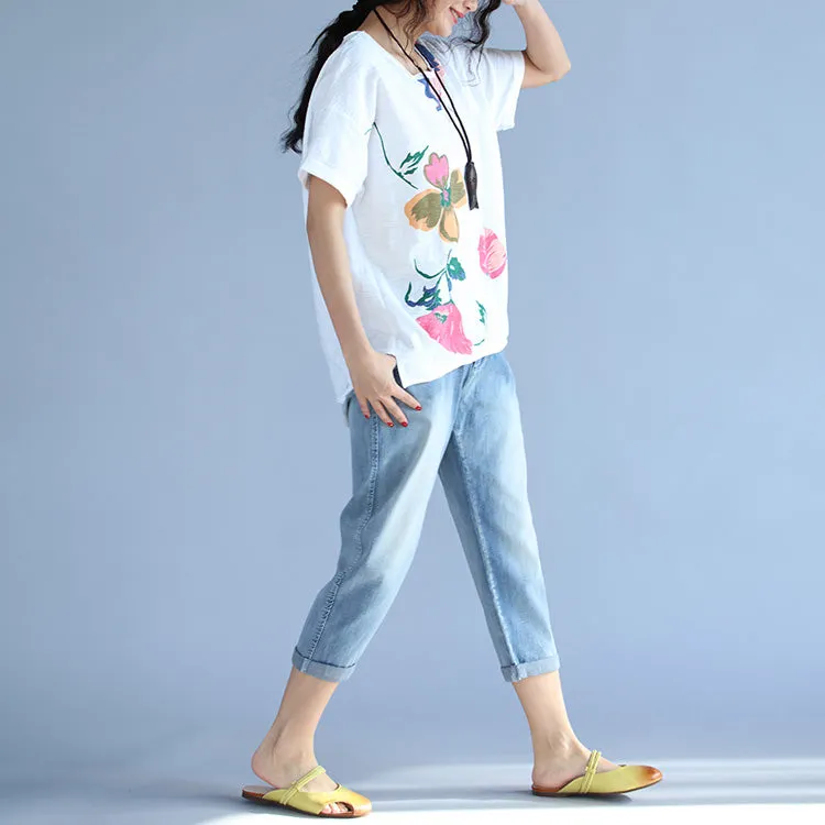 Elegant short sleeve cotton clothes For Women Boho Fabrics white print box blouses