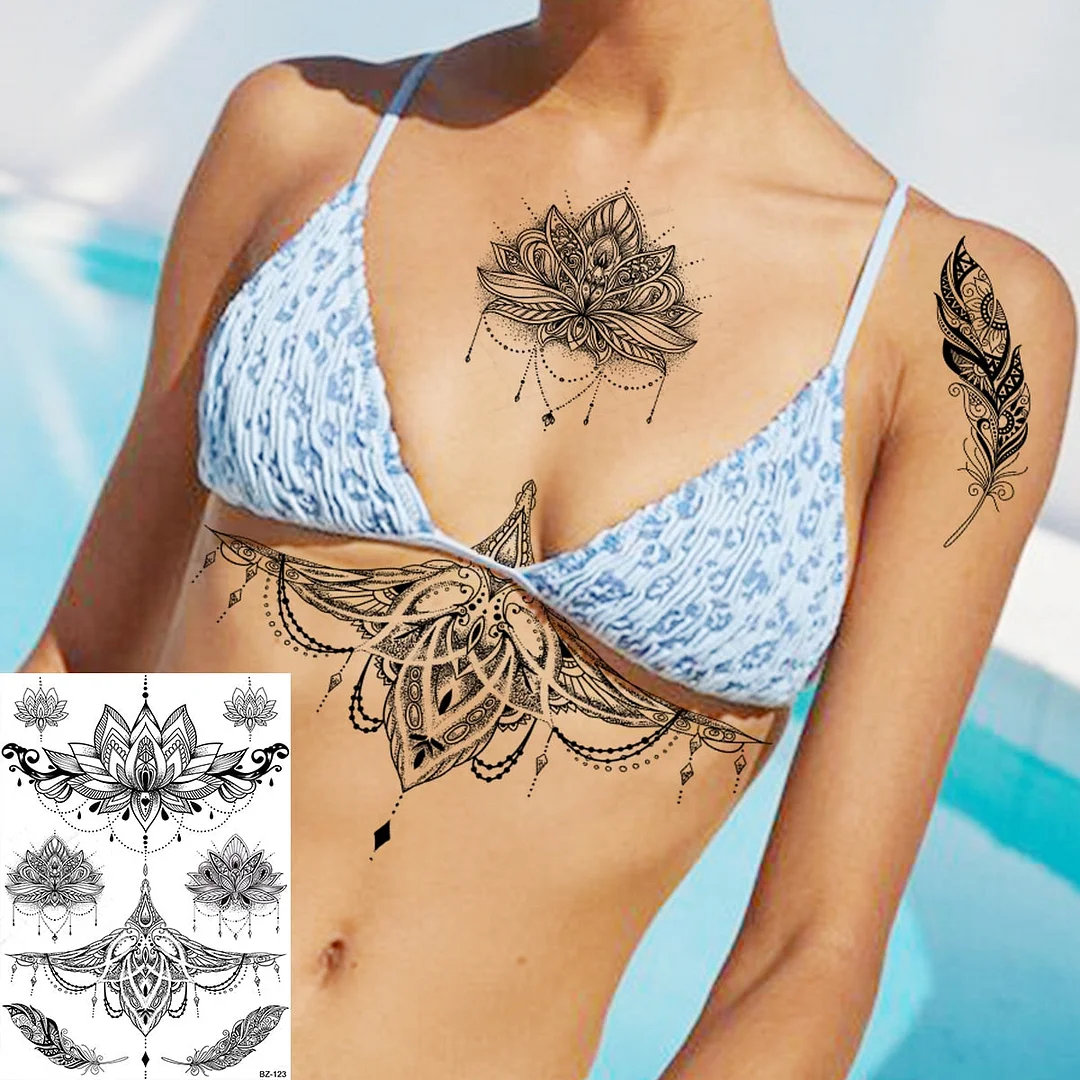 Henna Pendant Temporary Tattoos For Women Undertboob Girls Realistic Butterfly Rose Flower Fake Tattoo Sticker Chest Tatoos