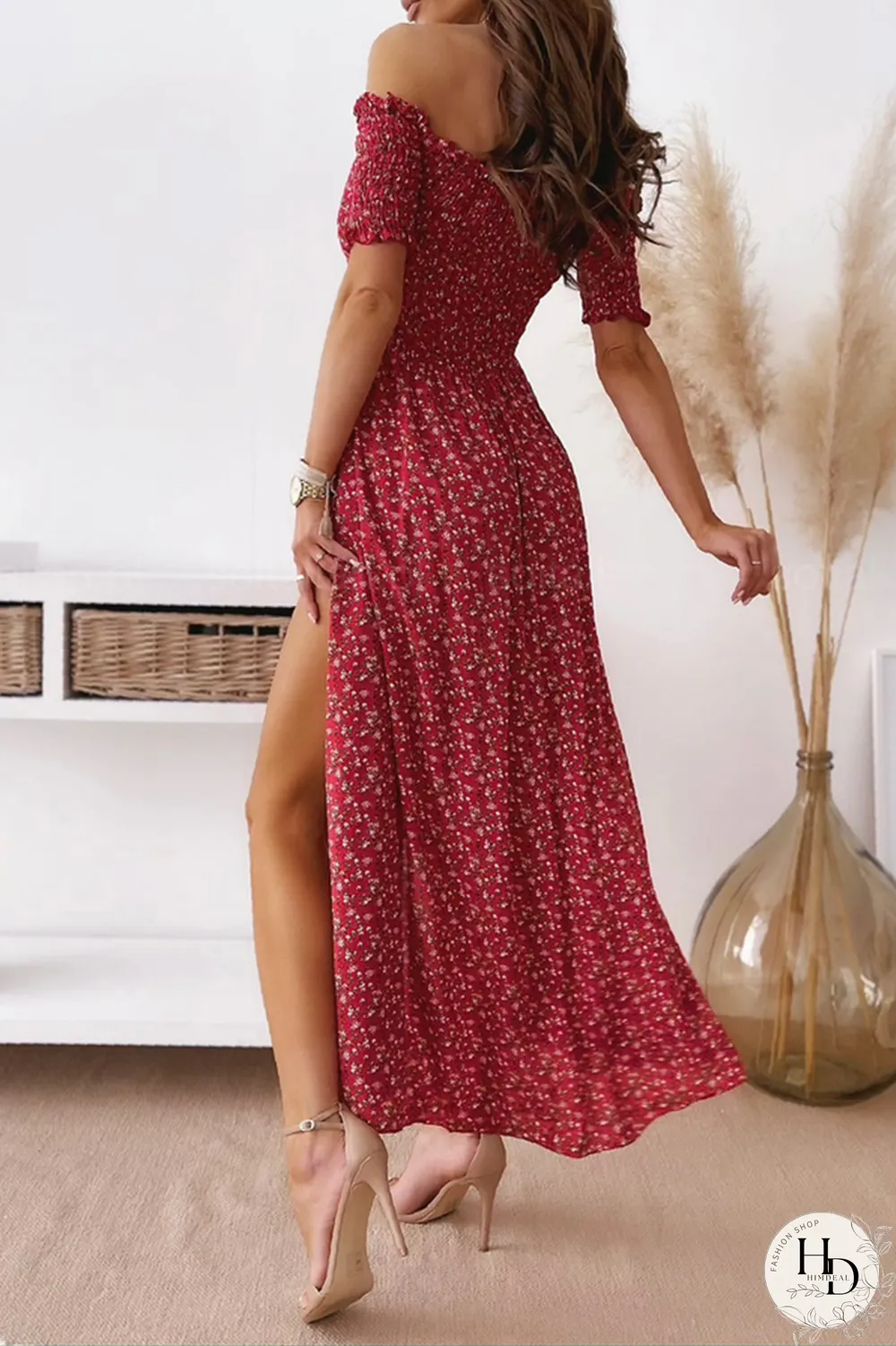 Elegant Floral Slit Fold Off the Shoulder Waist Skirt Dresses(5 Colors)
