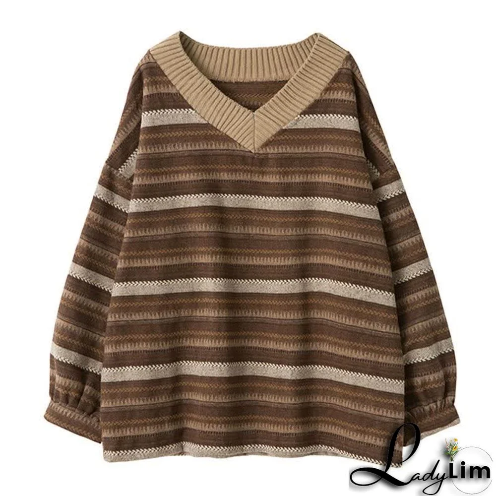 Colorblock Stripe V-neck Knit Loose Sweater