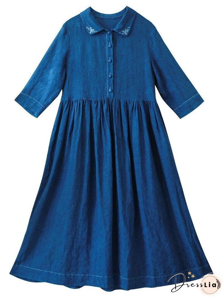 Handmade Lapel Half Sleeve Spring Tunics Shirts Blue Dress