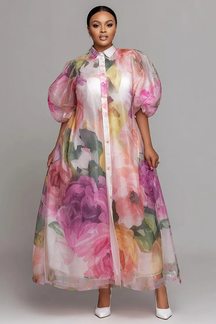 Xpluswear Design Plus Size Wedding Guest Pink Floral Shirt Collar Puff Sleeve Short Sleeve Pocket Organza Maxi Dresses [Pre-Order] 2024 - Xpluswear