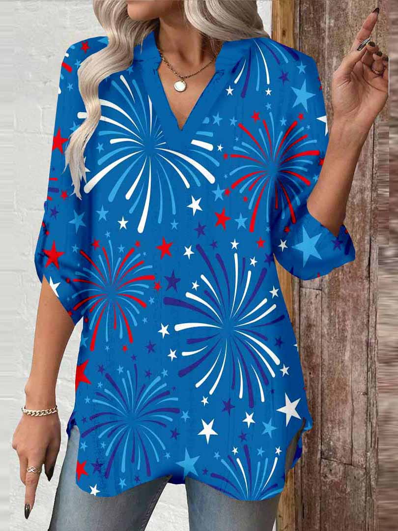 Women  Independence Day, Star, Striped, Blue, Red DZGA0224 3/4 Sleeve V-neck Printed Graphic Button Tops