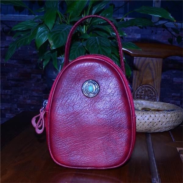 Handmade Vegetable Tanned Leather Oval Portable Messenger Bag