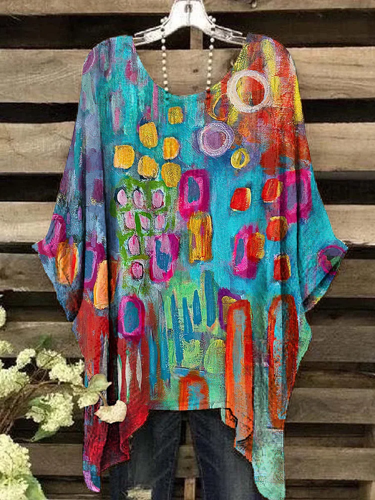 Women's Vintage Colorful Geometric Pattern Round Neck Top