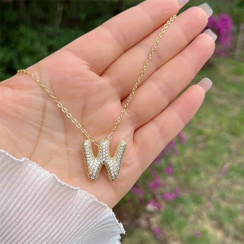 Copper 18K Gold Plated Hip-Hop Minimalist Classic Style Polishing Inlay Letter Zircon Pendant Necklace