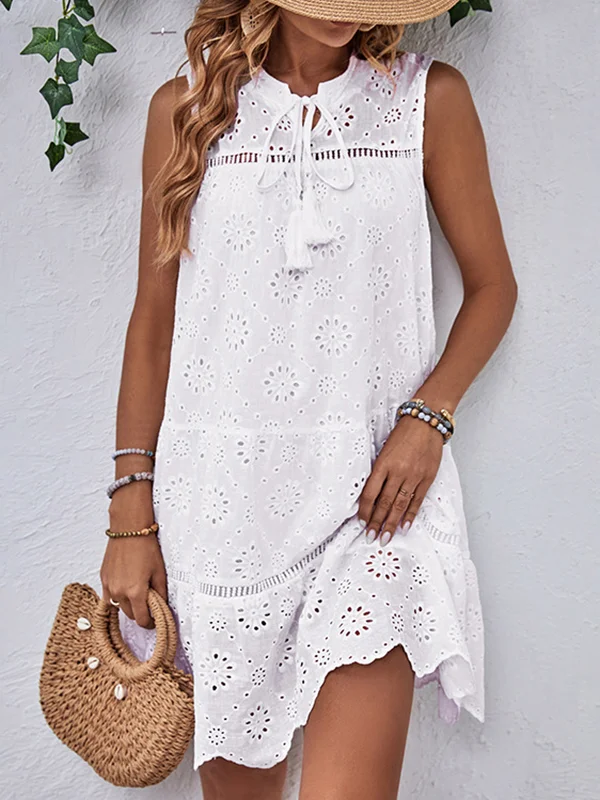 Split-Joint Solid Color Lace-Up Hollow Sleeveless Loose Round-Neck Mini Dresses