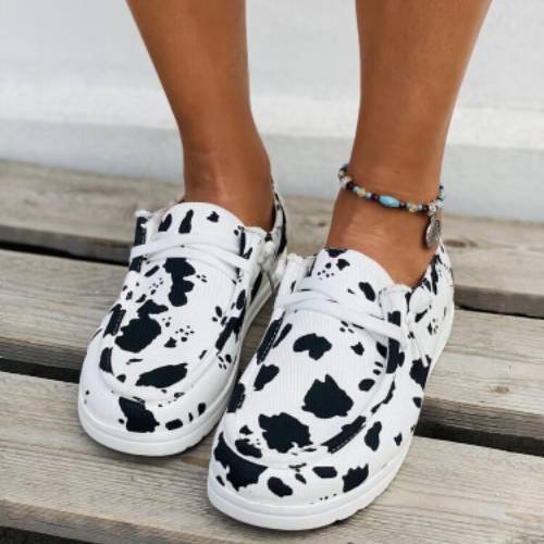 Cow Print Pattern Lace Up Front Sneakers Shoes