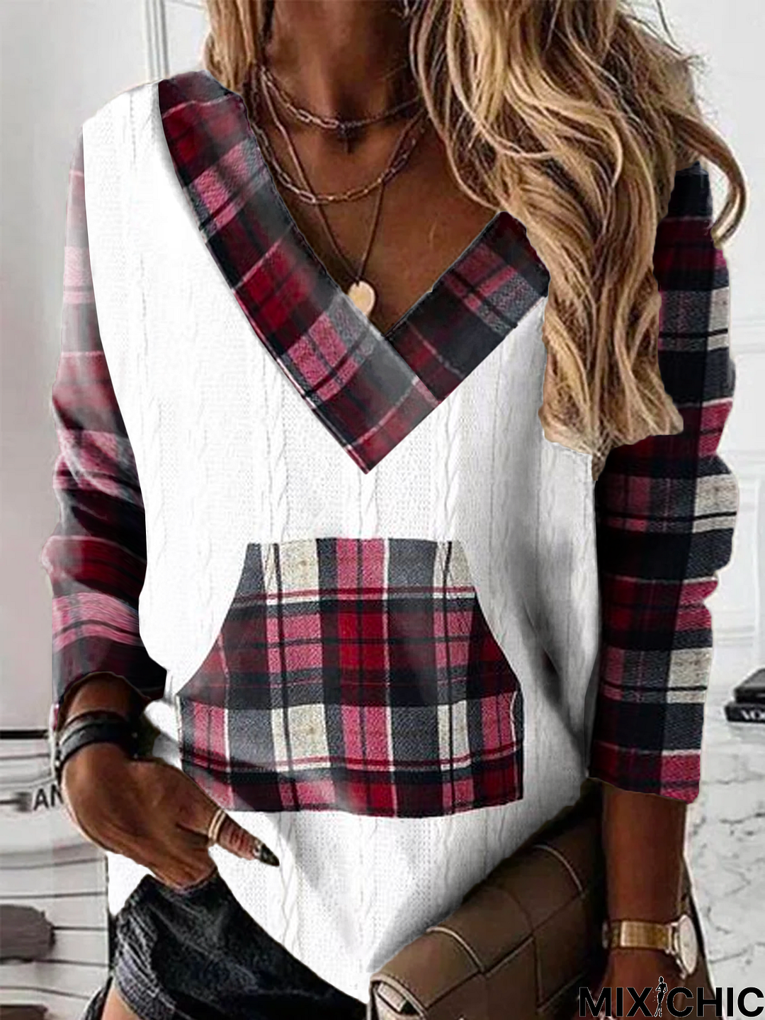 V Neck Casual Plaid Loose Sweatshirt