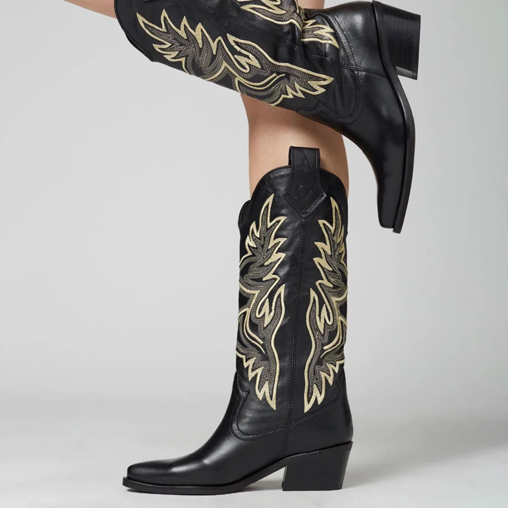 Black Snip Toe Chunky Heel Embroidered Western Cowgirl Boots