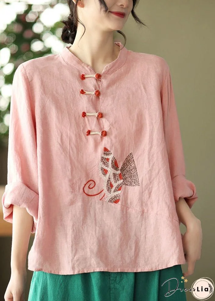 Plus Size Pink O-Neck Embroideried Linen Top Long Sleeve