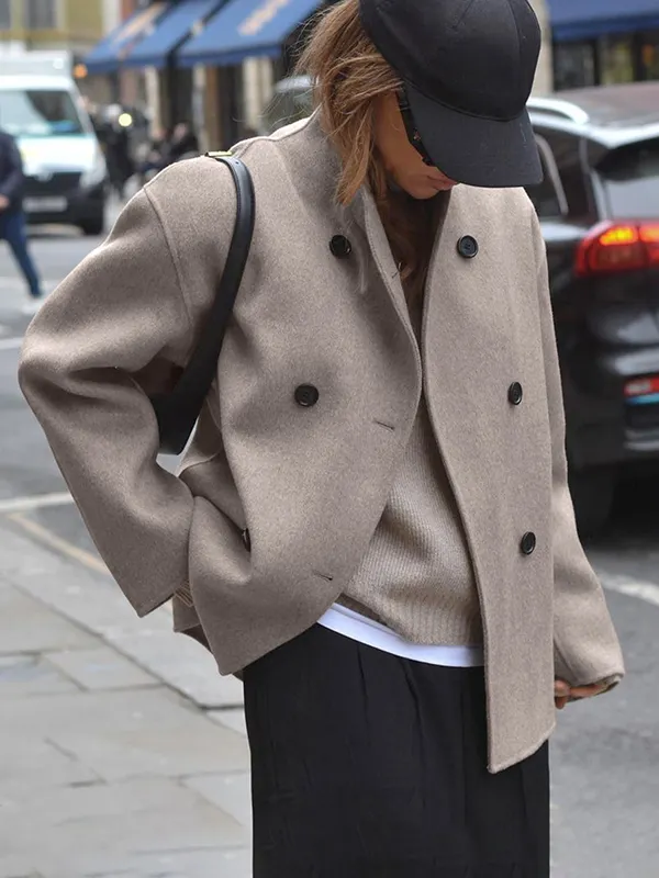 Metal Button Woolen Solid Long Sleeve Coat