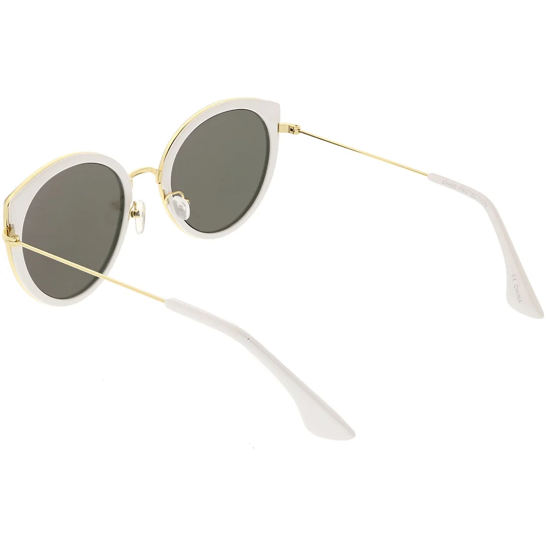 Modern Cat Eye glasses Metal Trim Round Colored Mirror Flat Lens 53mm