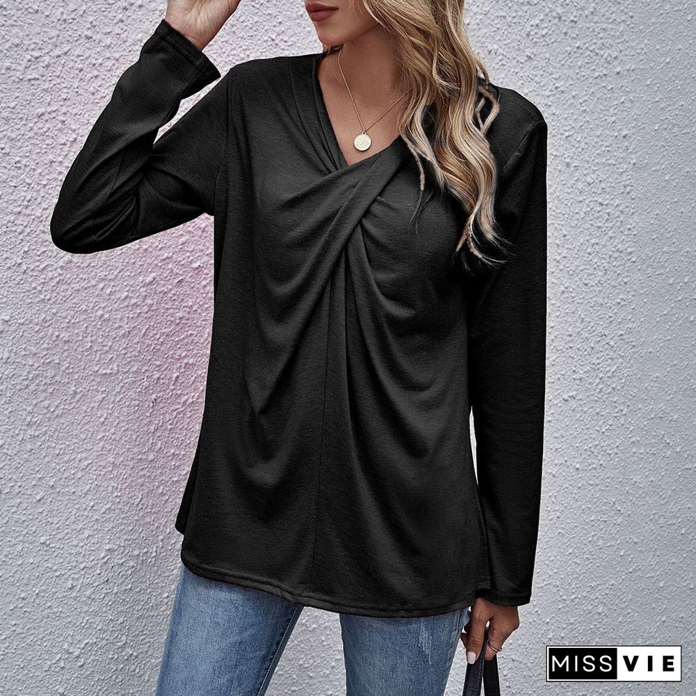 Autumn Spring Tops Women Casual Long Sleeve Cross Neck T-Shirts Fashion Female Stitching Tees Loose Pullover Solid Tops