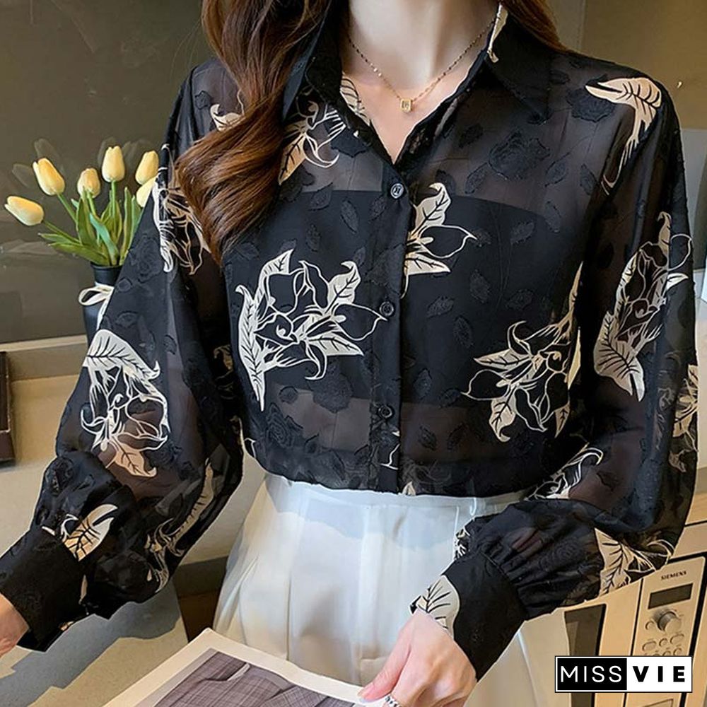Floral Print Puff Sleeve Chiffon Shirt