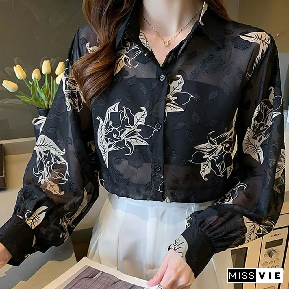 Floral Print Puff Sleeve Chiffon Shirt