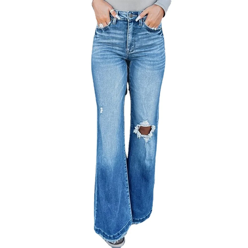 Blue Asymmetric Open Knee Distressed Flare Jeans | IFYHOME