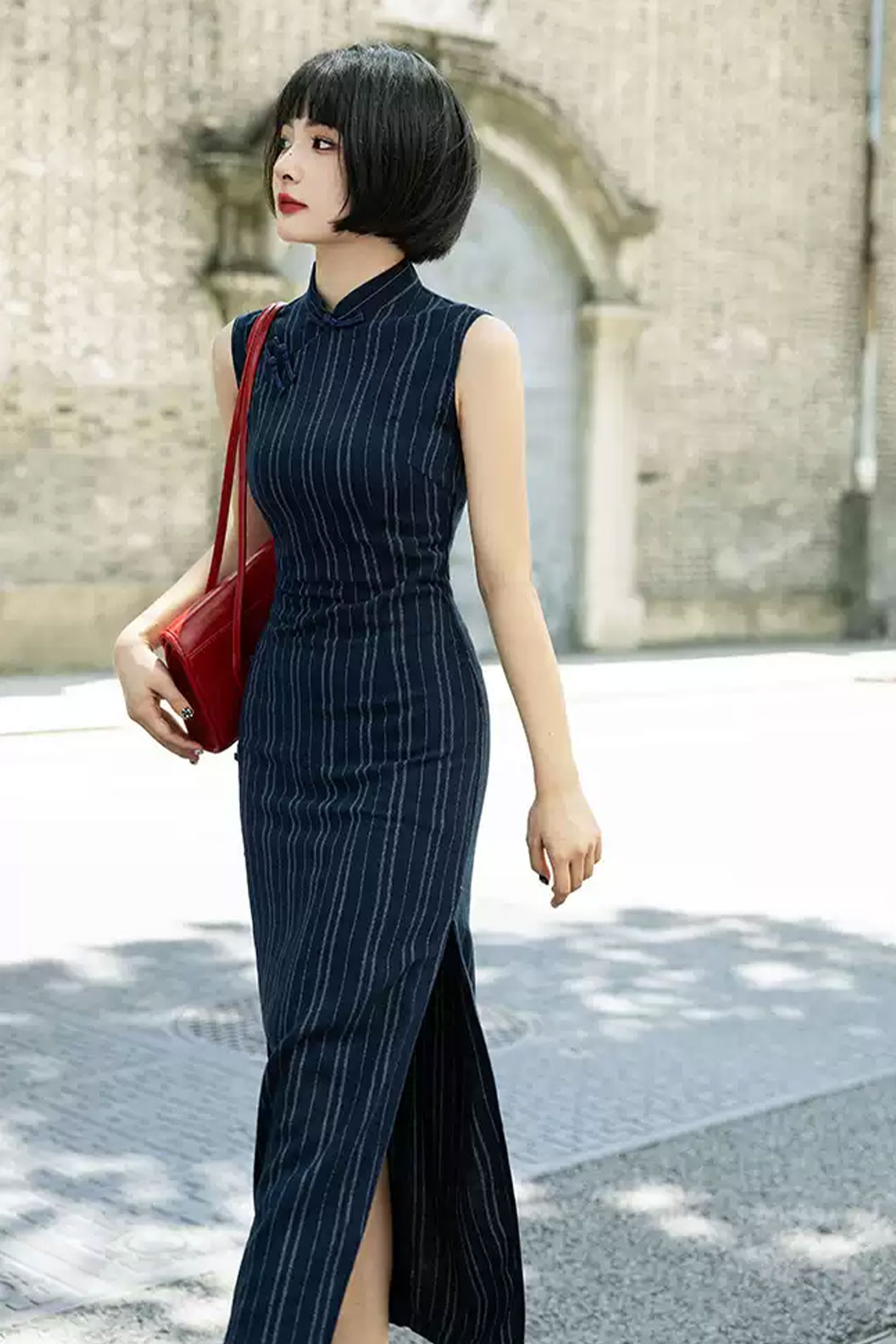 Cheongsam Qipao Sleeveless Blue Striped Slim Fit Elegant Style - qingshiyan 清诗砚 Stupa Stones