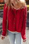 Women's Warm Red Round Neck Cable Knit Buttoned Cardigan Coat 
