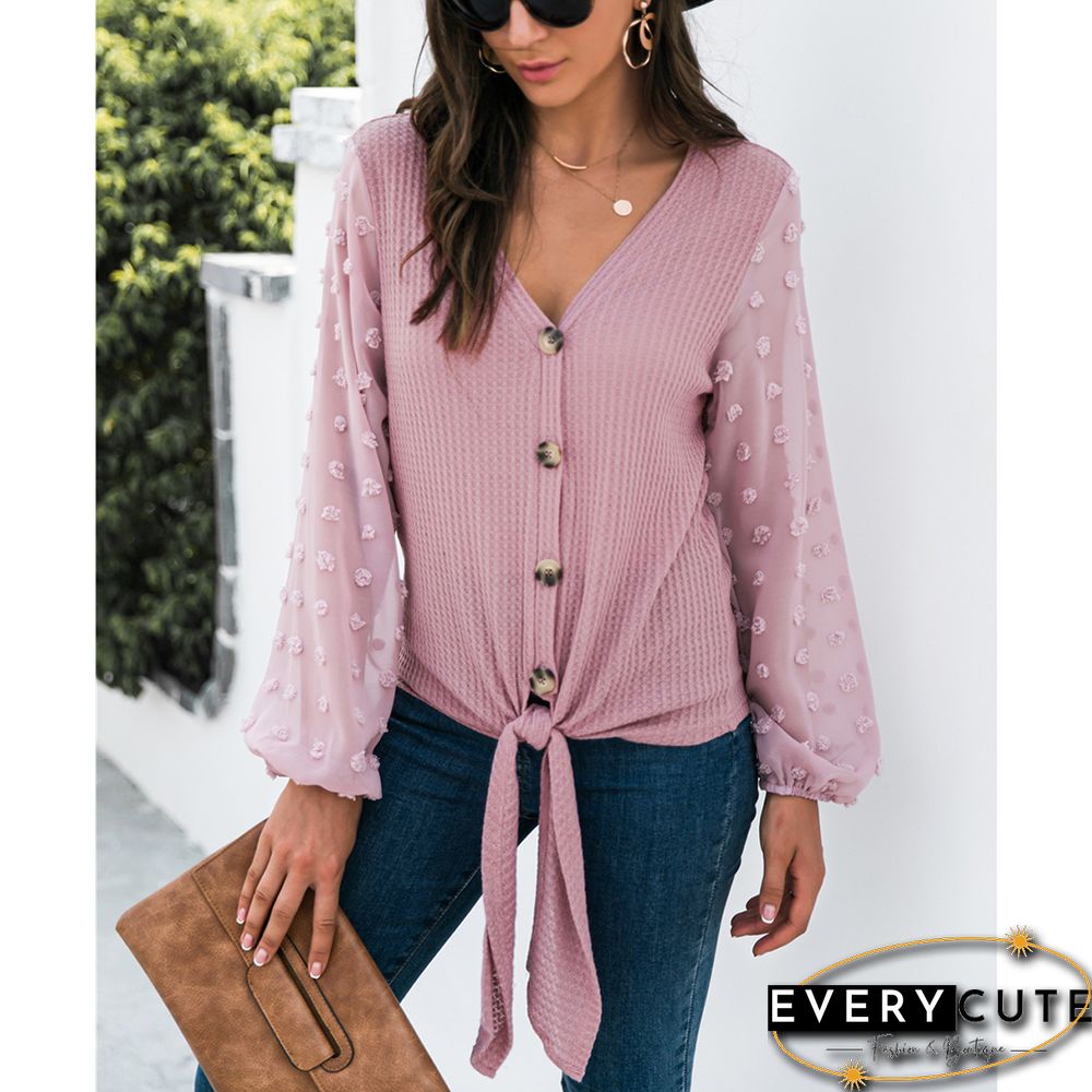 Pink Waffle Splice Swiss Dot Long Sleeve Blouse