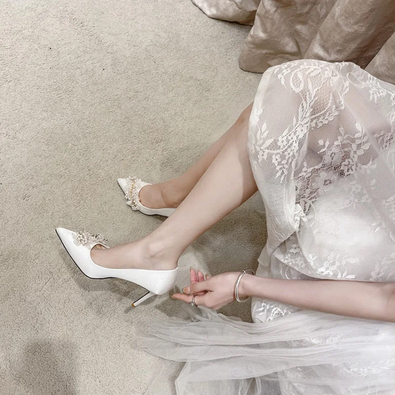 French Wedding Shoes 2022 Pearl Dress Bridesmaid Bride Shoes Master Wedding Shoes White High Heels Pumps Shoes Stripper Heels
