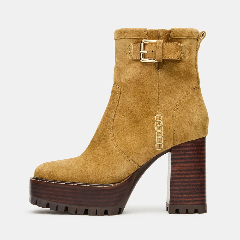 Brown Square Toe Buckle Platform Short Boots for Women with Zipper 