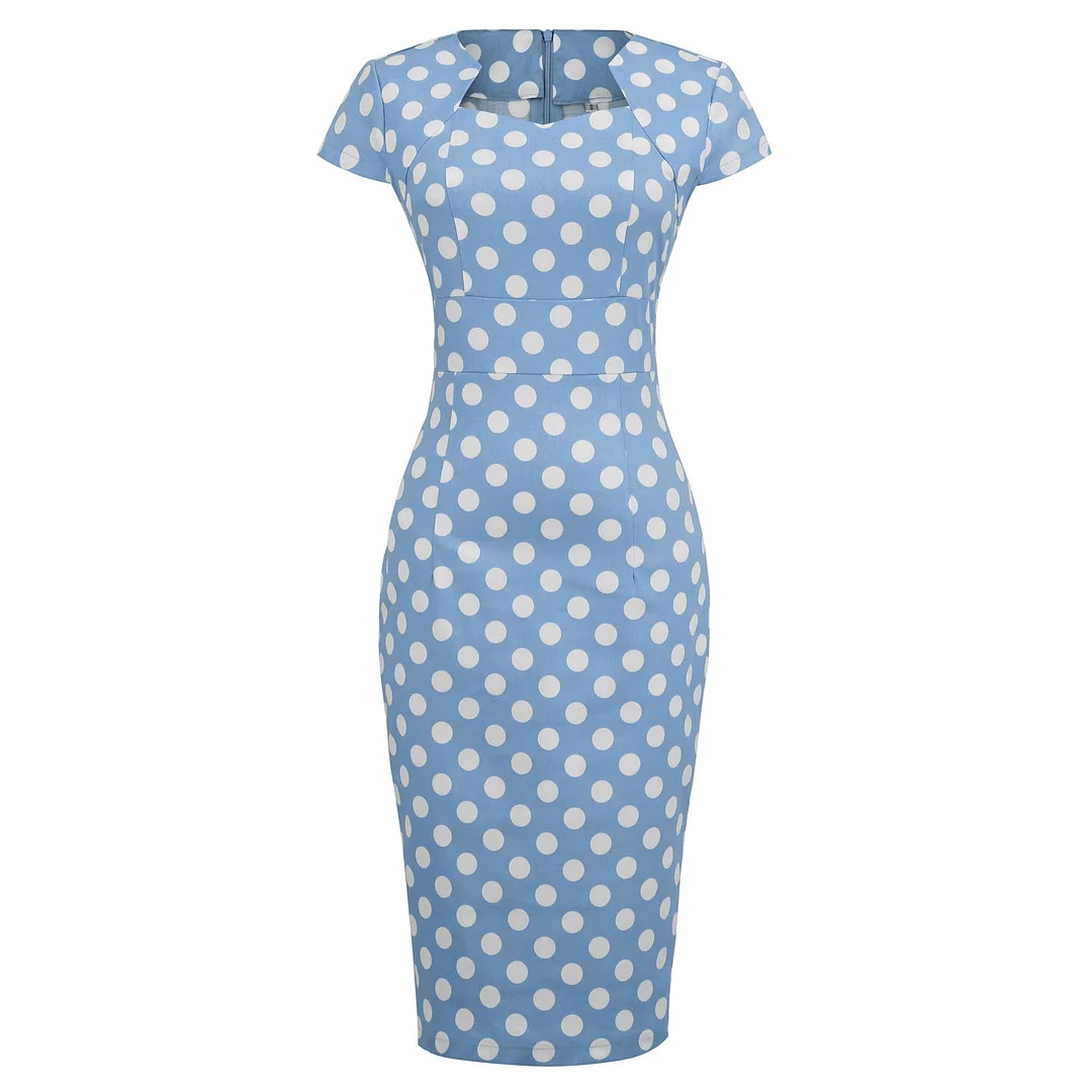 Women's Polka Dot Dress V-neck Short Sleeve Back Split Pencil Dress