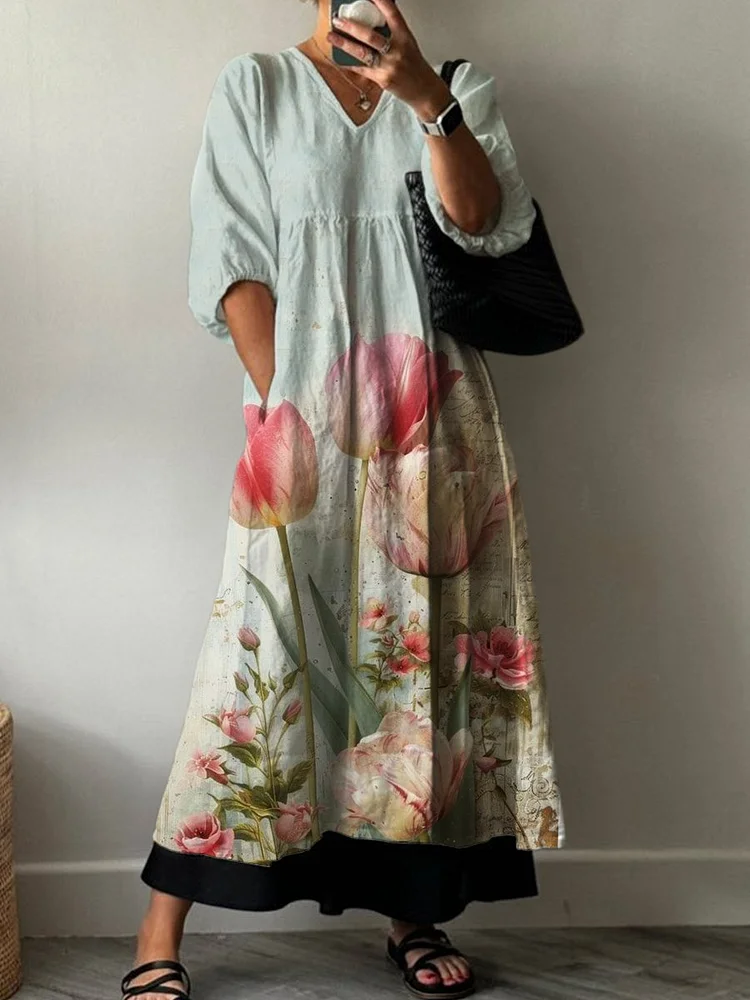 Tulip Floral Print Pocket V-neck Cotton Dress